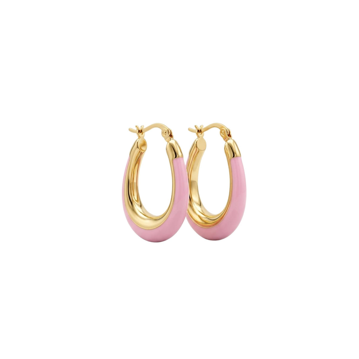 A pair of gold hoop earrings with a smooth pink enamel finish, displayed against a solid white background.