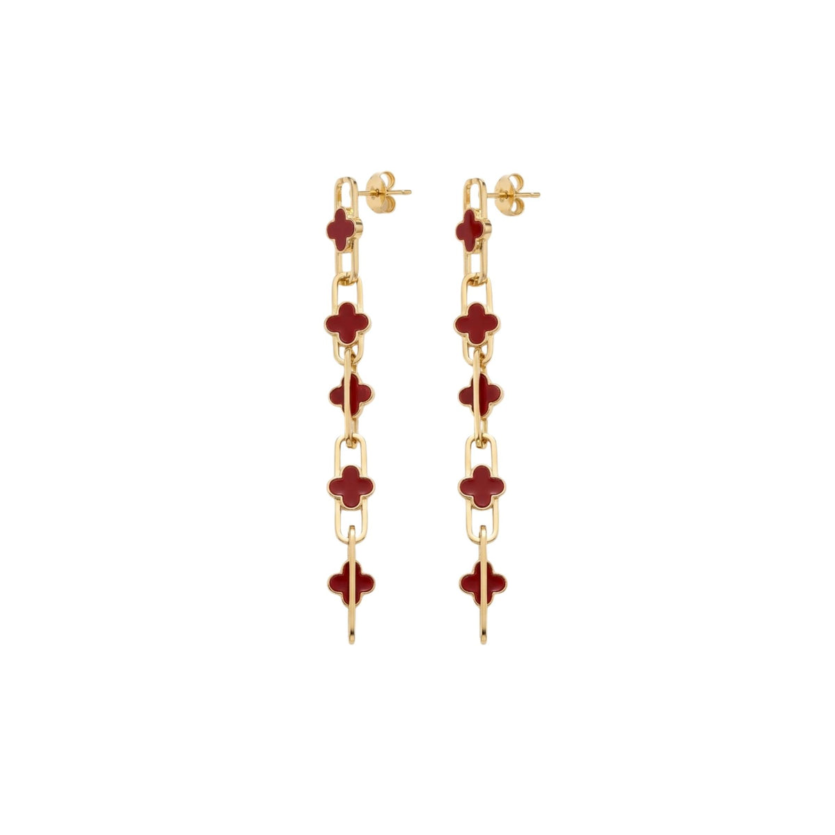 A pair of gold chain drop earrings featuring red clover motifs, shown against a plain white background.