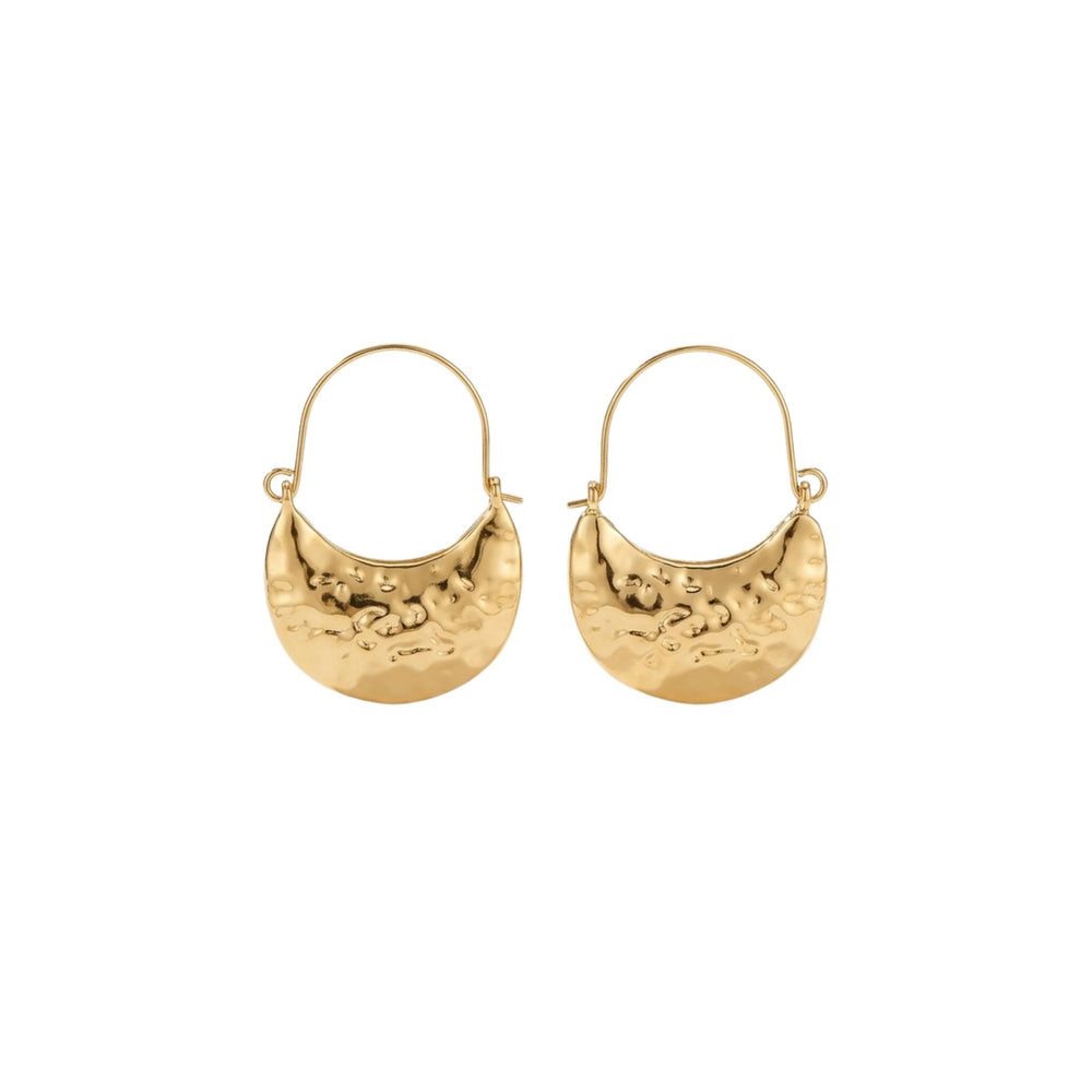 A pair of gold crescent-shaped hoop earrings with a hammered texture, displayed on a clean white background.