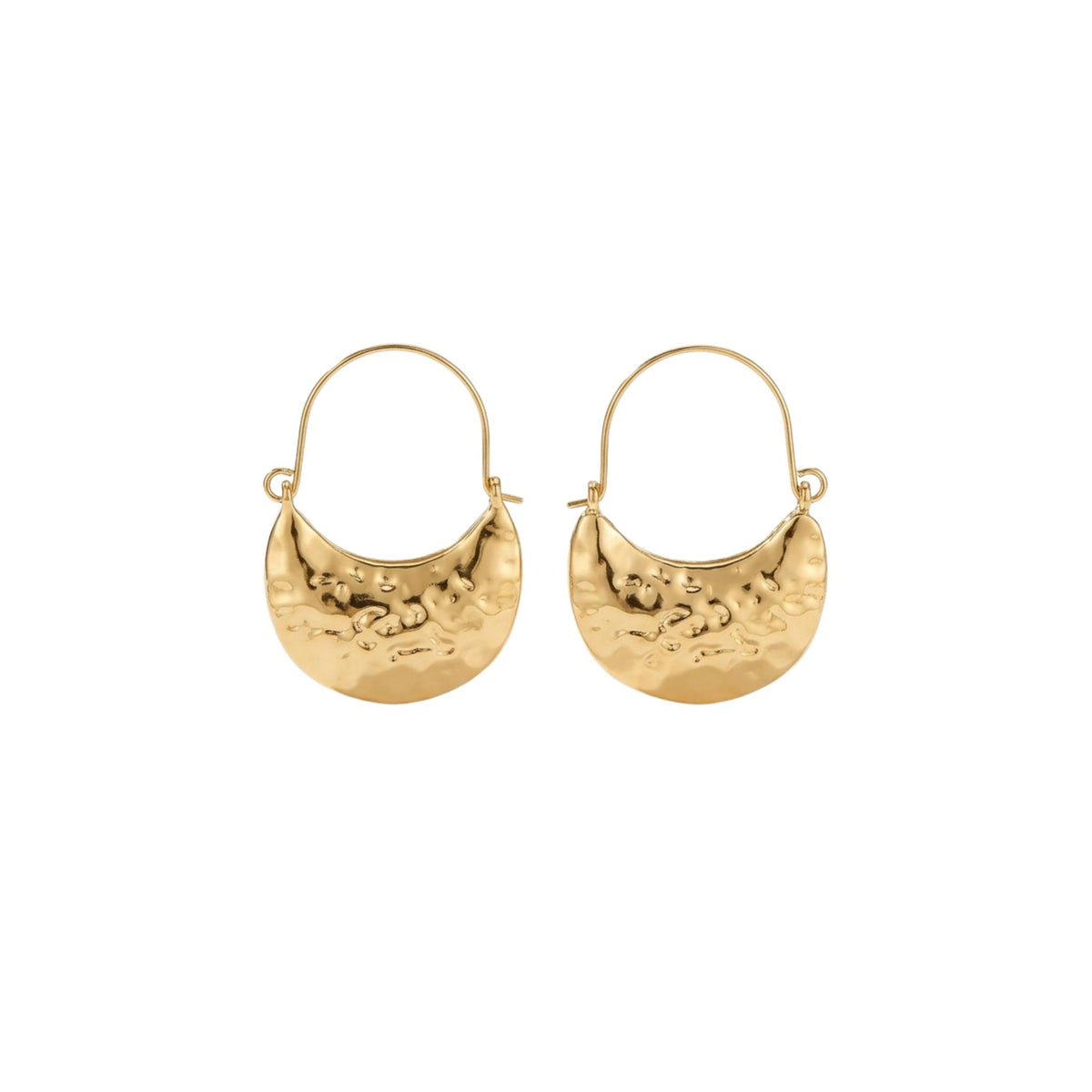 A pair of gold crescent-shaped hoop earrings with a hammered texture, displayed on a clean white background.