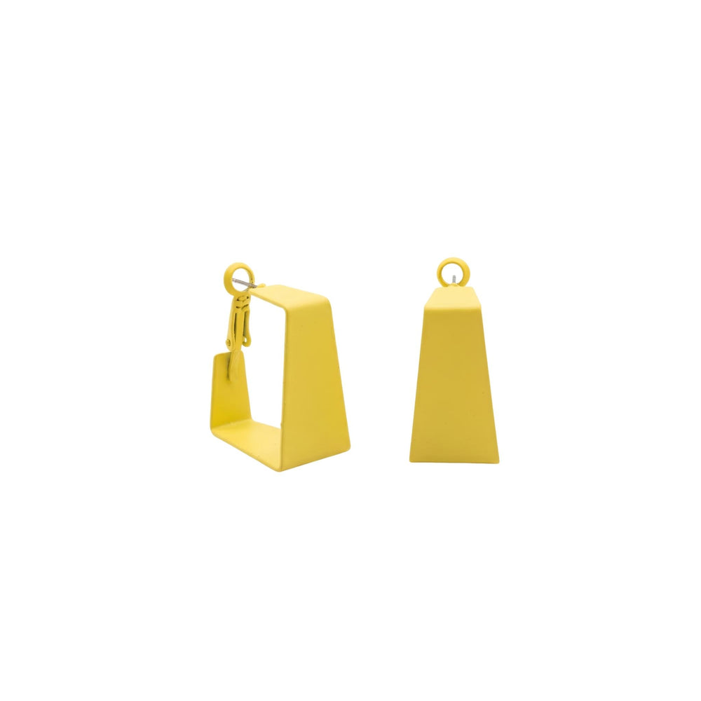 A pair of bright yellow geometric drop earrings with a loop top, shown from front and side angles on a plain white background.