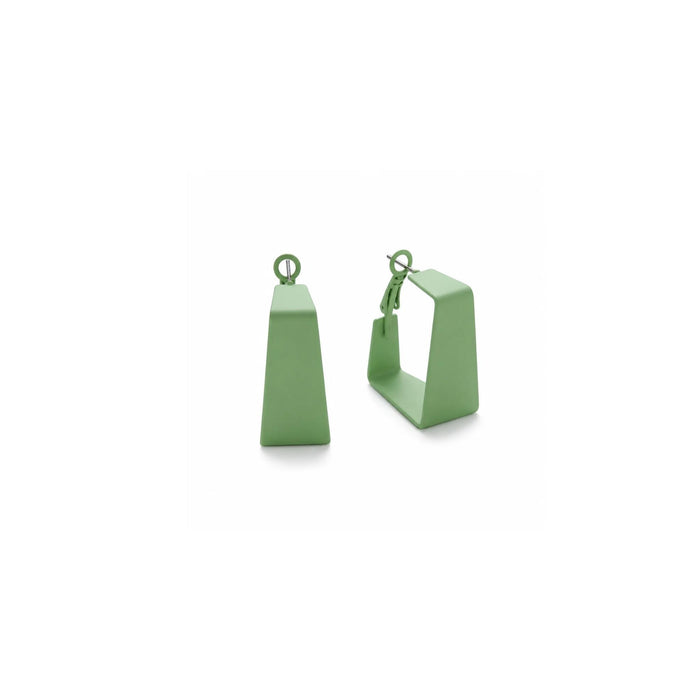 A pair of light green geometric hoop earrings with a tapered rectangular design and a small hanging loop at the top, shown on a plain white background.