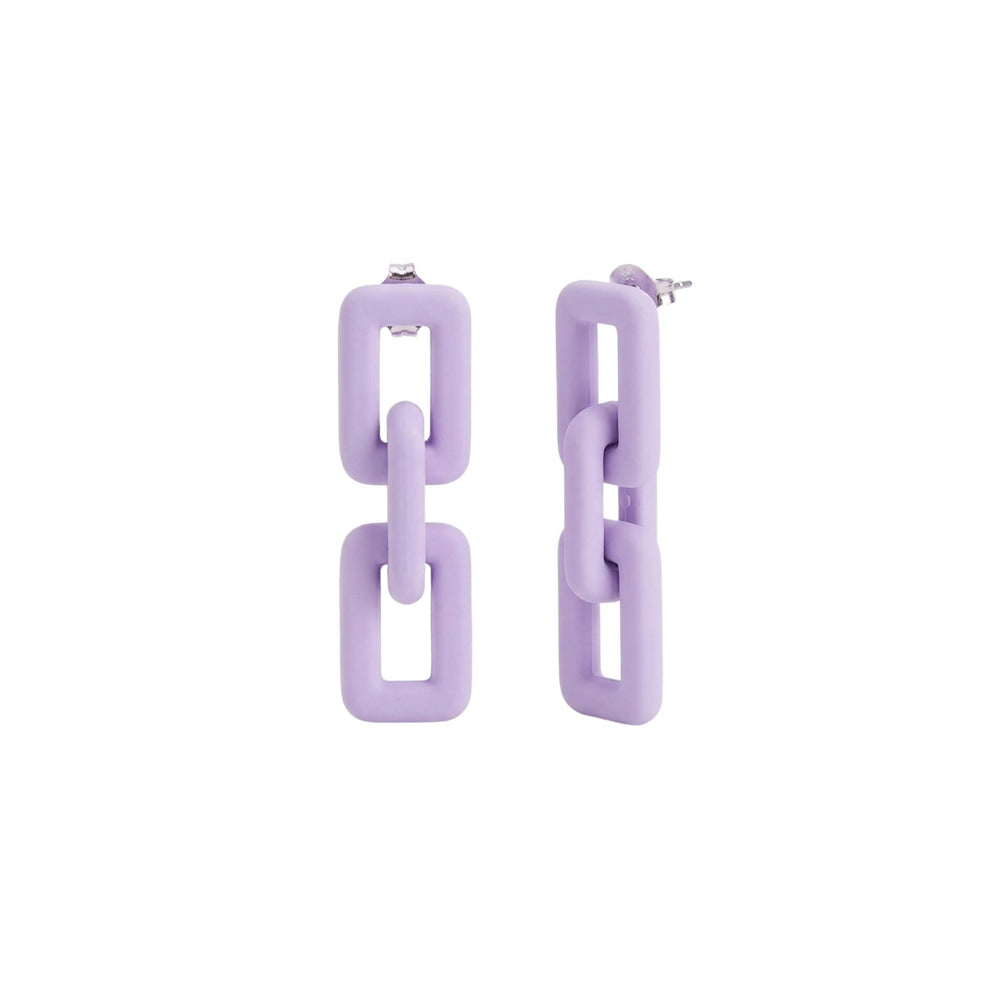 A pair of lavender purple geometric link drop earrings with post backs, shown against a plain white background.