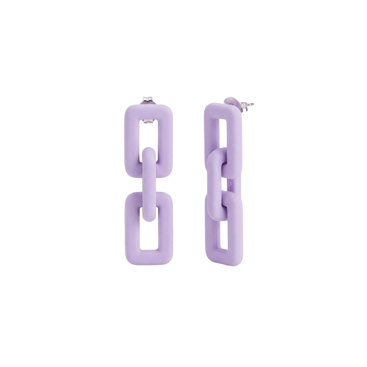A pair of lavender purple geometric link drop earrings with post backs, shown against a plain white background.