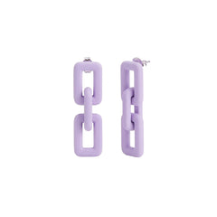 A pair of lavender purple geometric link drop earrings with post backs, shown against a plain white background.