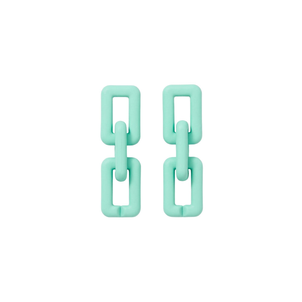 A pair of mint green geometric chain-link earrings with thick, rounded rectangular links, shown on a plain white background.