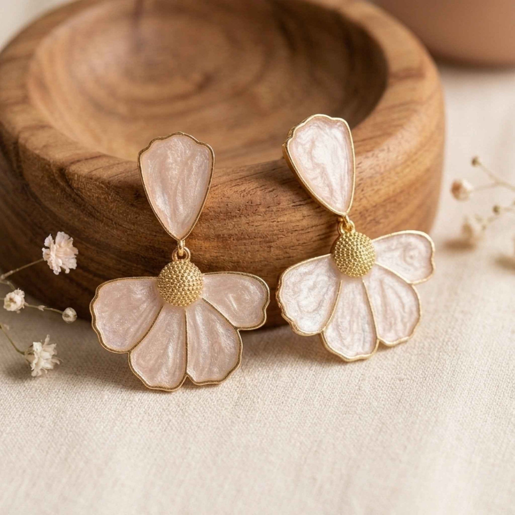 Blush Pink Pearlescent Flower Drop Earrings – Floral Petal Stud Dangles | Anti-Tarnish Korean Jewellery | Sajna Sawarnaa