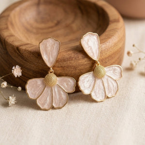 Blush pink pearlescent floral petal stud drop earrings with gold ball centre – anti-tarnish Korean jewellery by Sajna Sawarnaa
