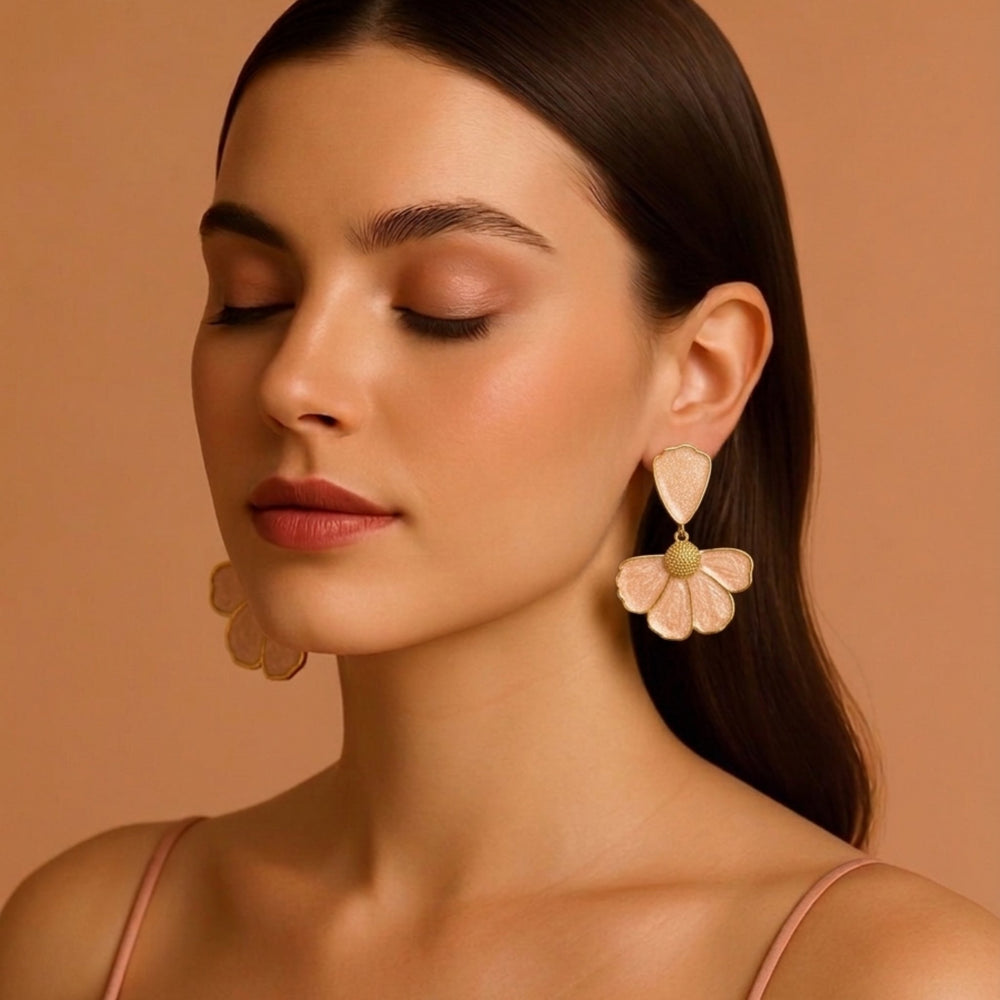 Blush pink pearlescent floral petal stud drop earrings with gold ball centre – anti-tarnish Korean jewellery by Sajna Sawarnaa
