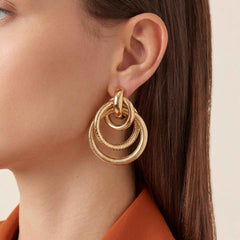 Triple Ring Interlock Drop Earrings – Textured Gold Multi-Hoop Dangles | Anti-Tarnish Korean Jewellery | Sajna Sawarnaa