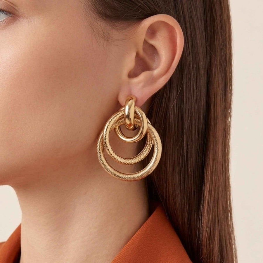 Triple Ring Interlock Earrings - Textured Gold Multi-Hoop Dangles | Anti-Tarnish Korean Jewellery by Sajna Sawarnaa