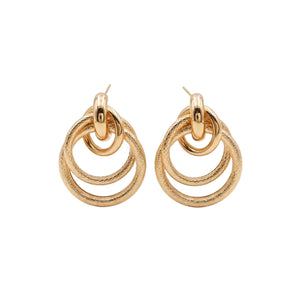 Textured gold triple interlock drop earrings with multi-hoops, designed for women, by Sajna Sawarnaa, featuring anti-tarnish Korean jewelry style.