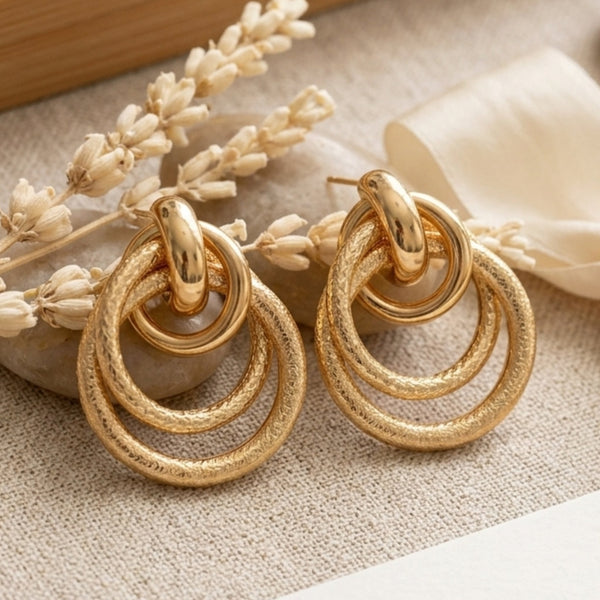 Triple interlocked textured gold ring drop earrings – anti-tarnish Korean jewellery by Sajna Sawarnaa

