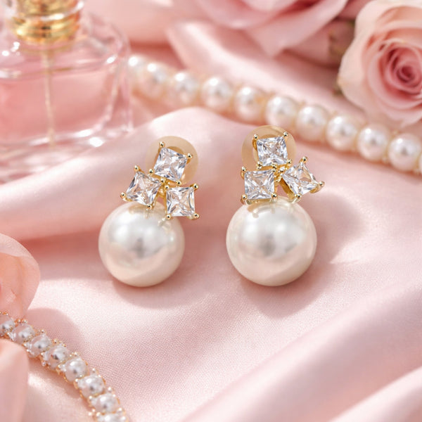 Sparkling crystal cluster stud earrings with large white pearl drop gold – anti-tarnish Korean jewellery by Sajna Sawarnaa

