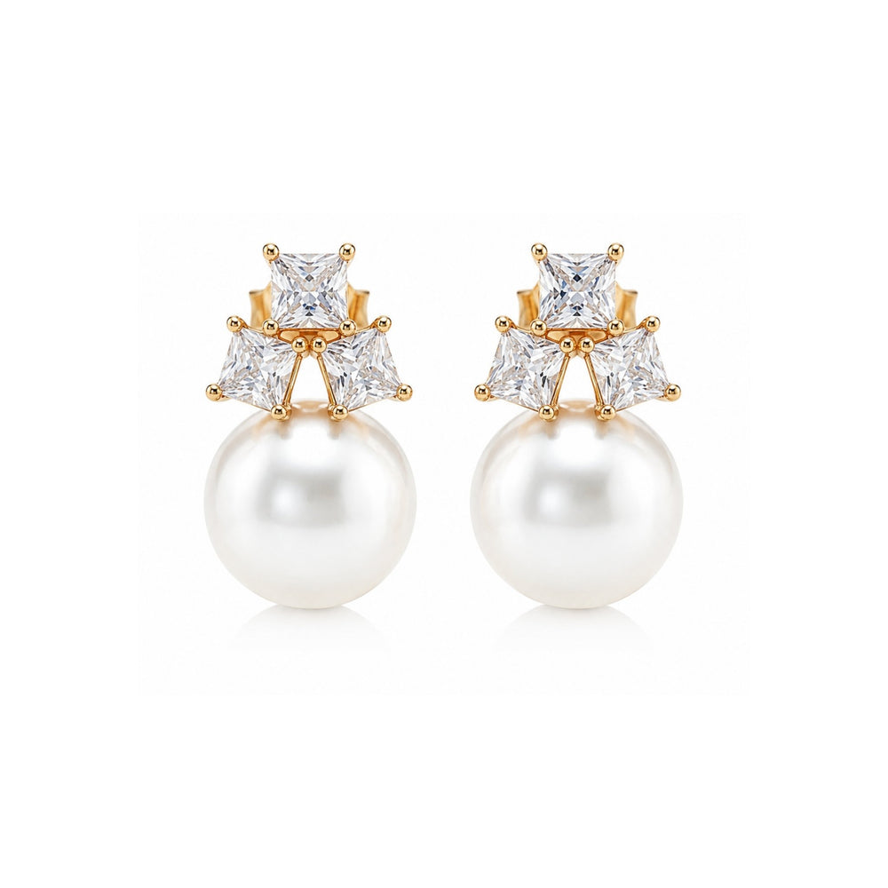 Sparkling crystal cluster stud earrings with large white pearl drop gold – anti-tarnish Korean jewellery by Sajna Sawarnaa

