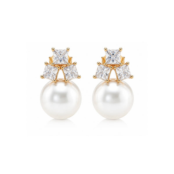 Sparkling crystal cluster stud earrings with large white pearl drop gold – anti-tarnish Korean jewellery by Sajna Sawarnaa
