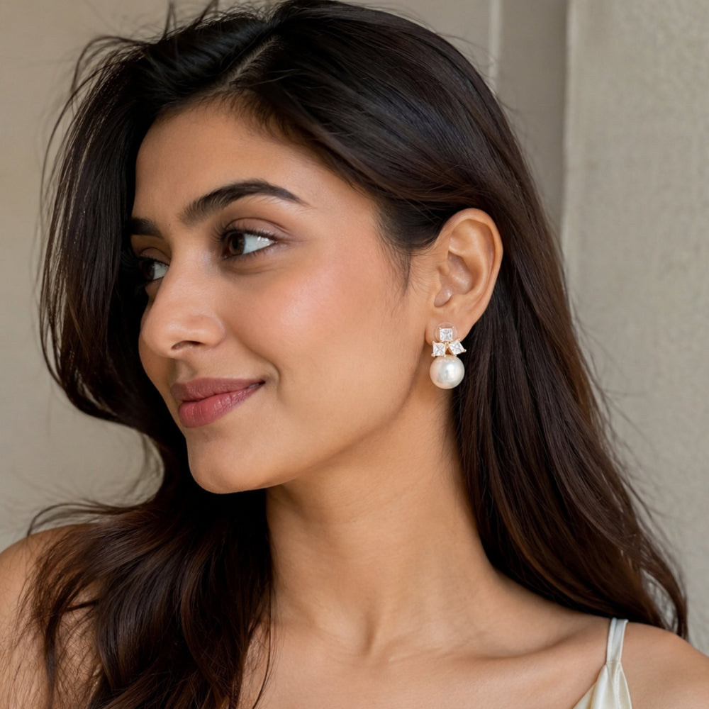 Sparkling crystal cluster stud earrings with large white pearl drop gold – anti-tarnish Korean jewellery by Sajna Sawarnaa
