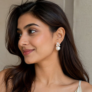 Sparkling crystal cluster stud earrings with large white pearl drop gold – anti-tarnish Korean jewellery by Sajna Sawarnaa
