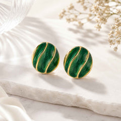 Emerald Green Dome Stud Earrings – Marble Swirl Oval Gold Ridge Studs | Anti-Tarnish Korean Jewellery | Sajna Sawarnaa
