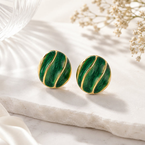Emerald green marble swirl dome stud earrings with gold ridges, Korean jewelry by Sajna Sawarnaa for women.