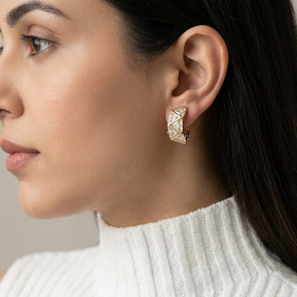 Triangle CZ zigzag gold huggie hoop earrings diamond look – anti-tarnish Korean jewellery by Sajna Sawarnaa
