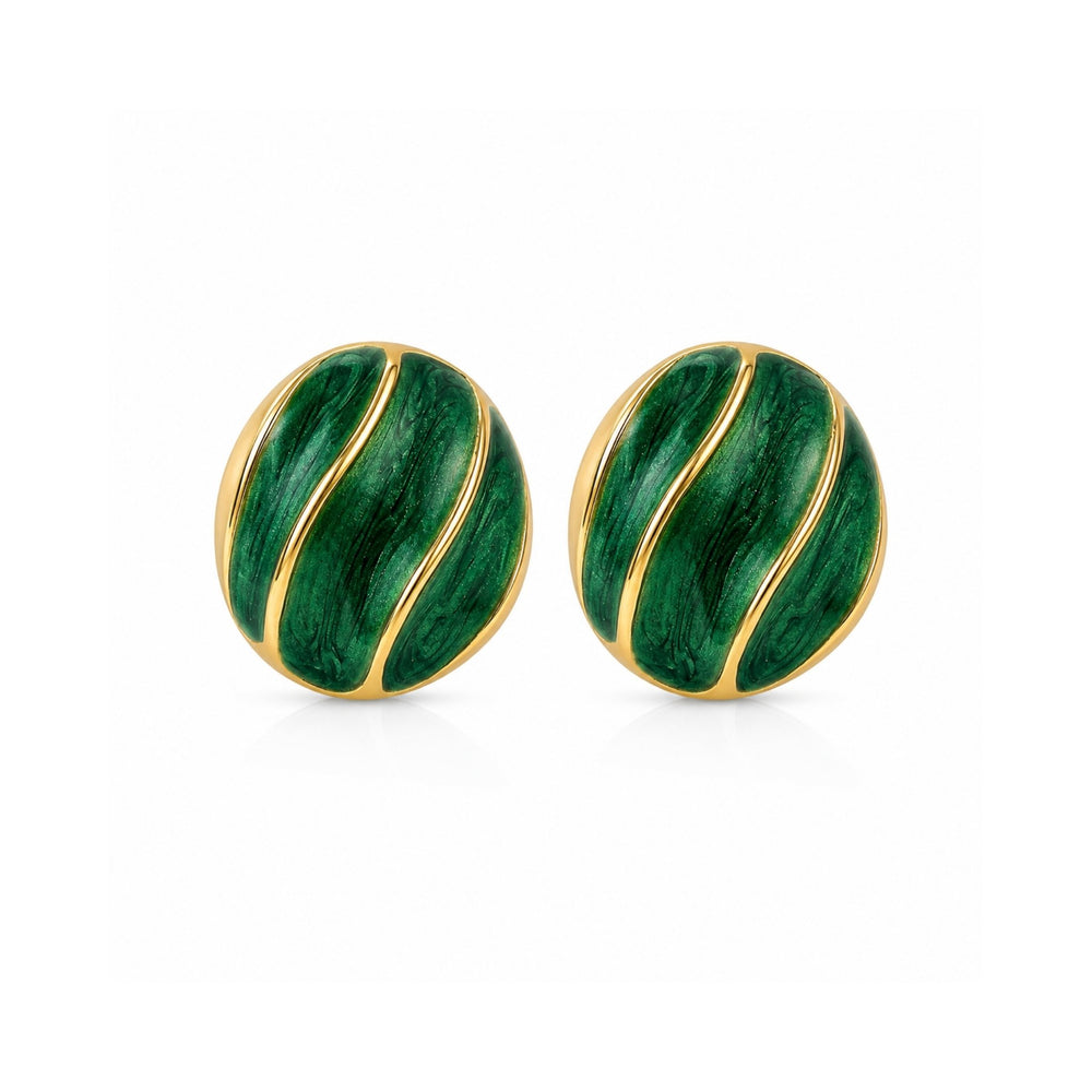 Emerald green marble swirl oval dome stud earrings with gold ridges, Korean anti-tarnish jewelry for women by Sajna Sawarnaa