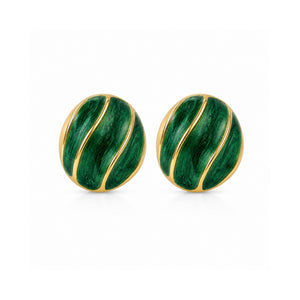 Emerald green marble swirl oval dome stud earrings with gold ridges, Korean anti-tarnish jewelry for women by Sajna Sawarnaa