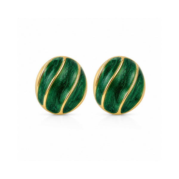 Emerald green marble swirl oval dome stud earrings with gold ridges, Korean anti-tarnish jewelry for women by Sajna Sawarnaa