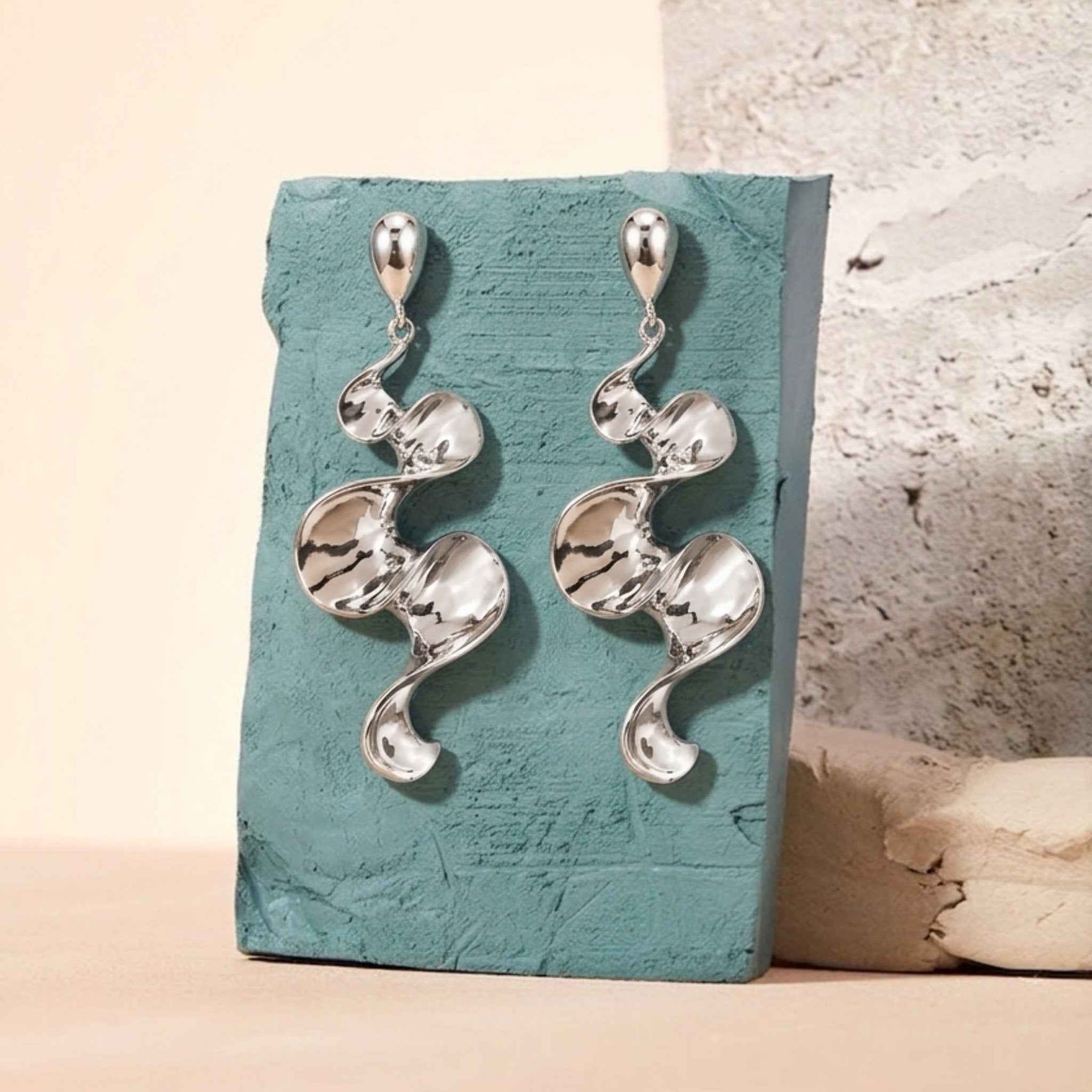 Molten Wave Long Drop Earrings – Sculptural Wavy Ribbon Dangles | Anti-Tarnish Korean Jewellery | Sajna Sawarnaa