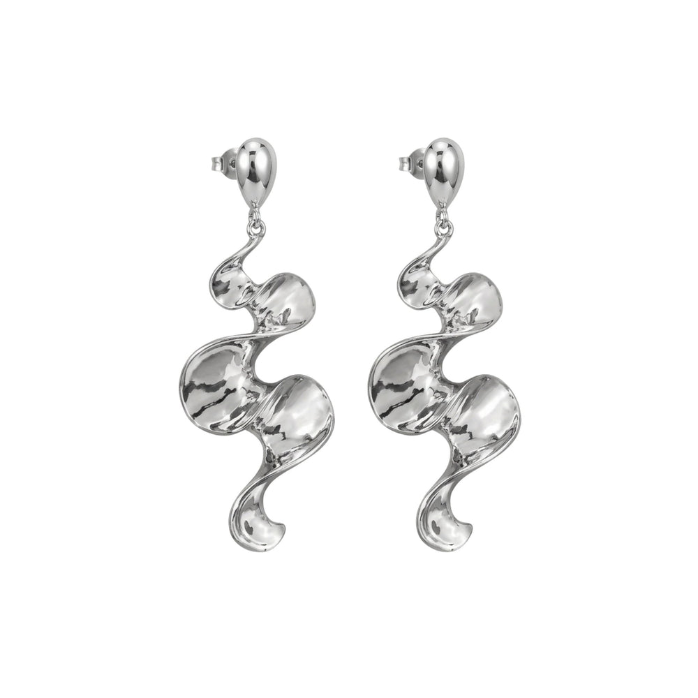Long sculptural molten wave ribbon drop earrings in silver and gold – anti-tarnish Korean jewellery by Sajna Sawarnaa
