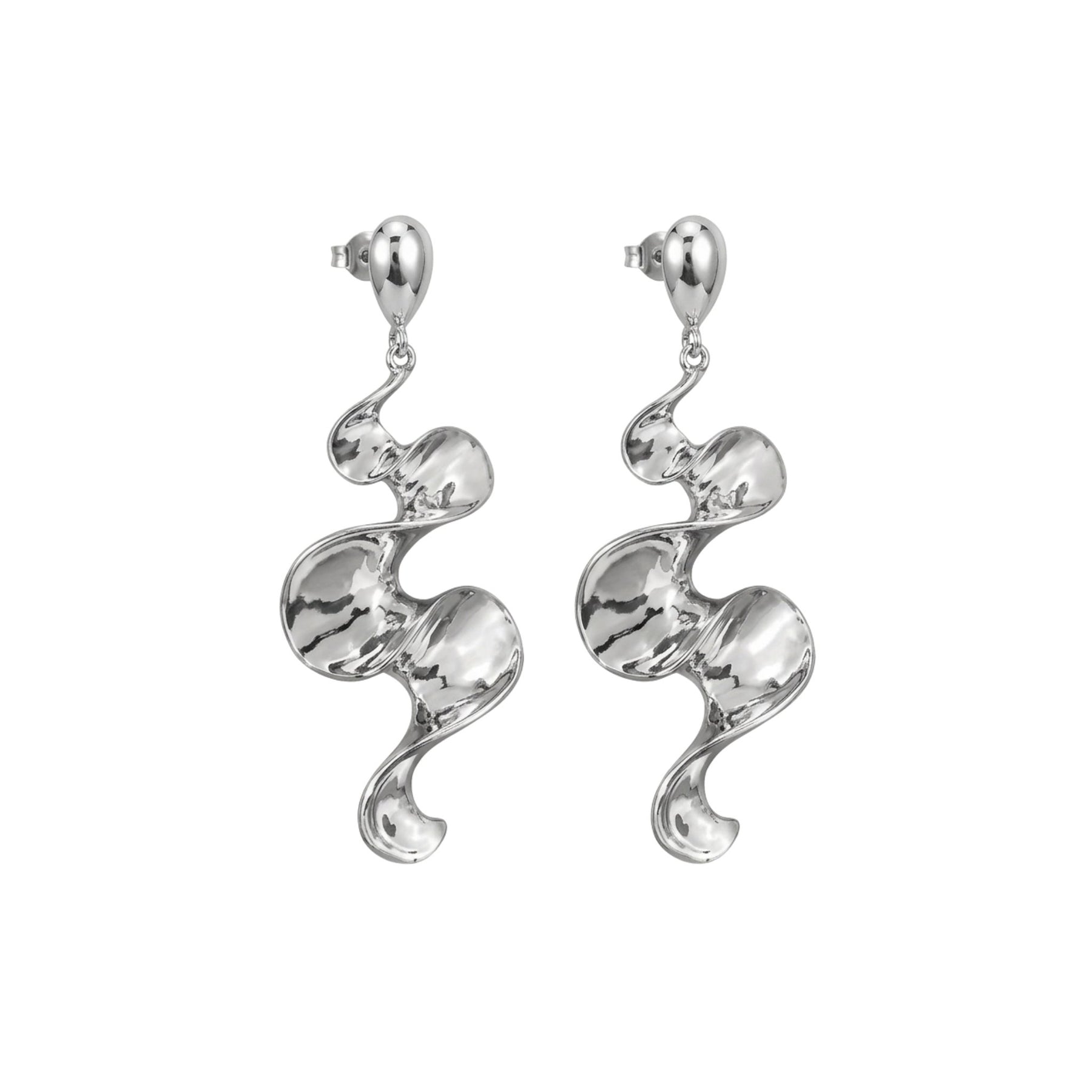Long sculptural molten wave ribbon drop earrings in silver and gold – anti-tarnish Korean jewellery by Sajna Sawarnaa
