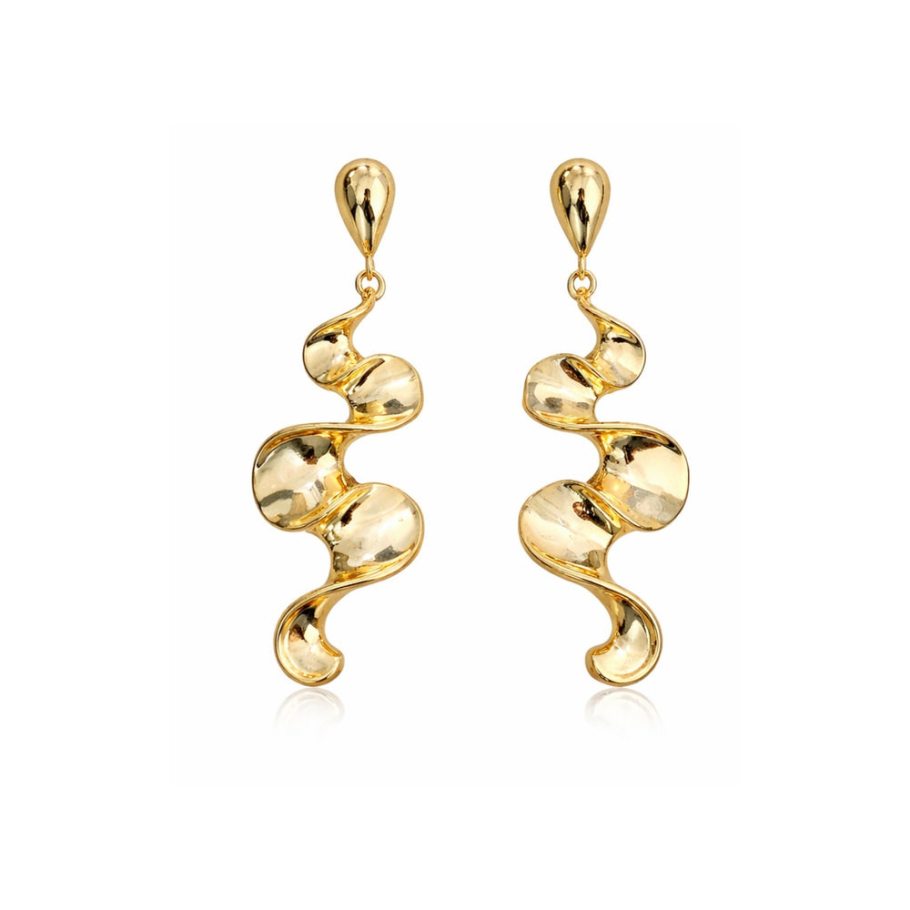 Long sculptural molten wave ribbon drop earrings in silver and gold – anti-tarnish Korean jewellery by Sajna Sawarnaa

