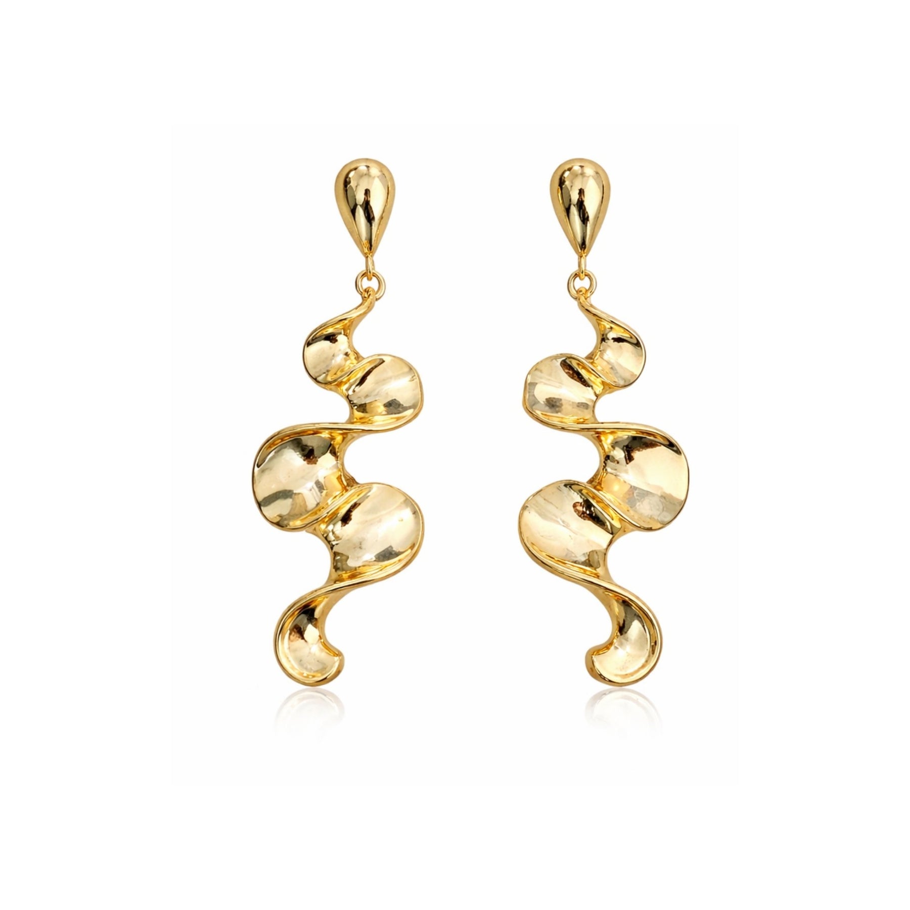 Long sculptural molten wave ribbon drop earrings in silver and gold – anti-tarnish Korean jewellery by Sajna Sawarnaa