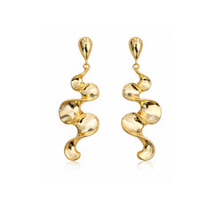 Long sculptural molten wave ribbon drop earrings in silver and gold – anti-tarnish Korean jewellery by Sajna Sawarnaa