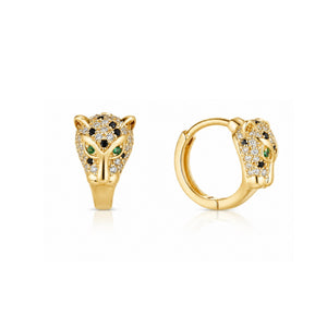 Detailed leopard panther head stone gold huggie hoop earrings with green eyes – anti-tarnish Korean jewellery by Sajna Sawarnaa
