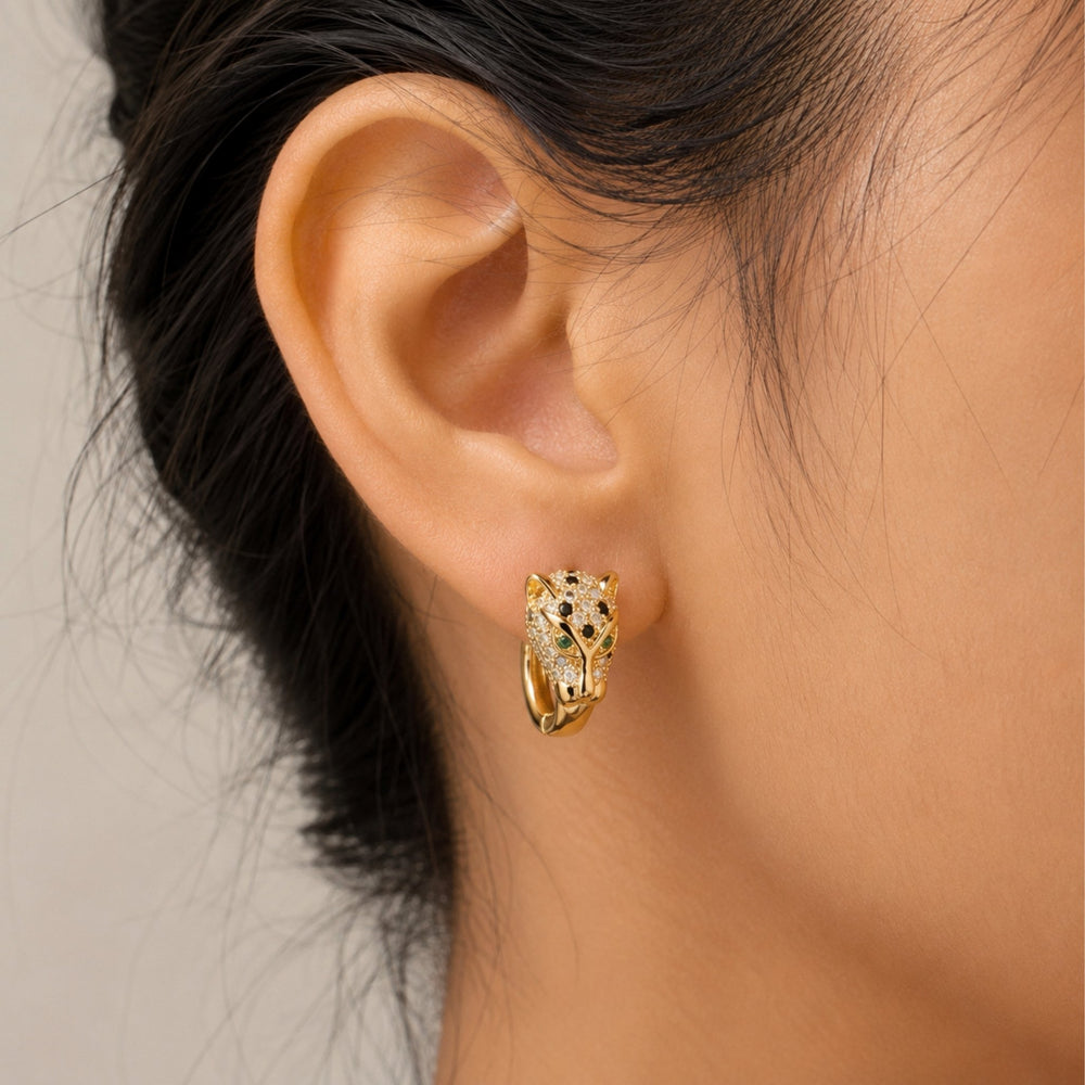 Detailed leopard panther head stone gold huggie hoop earrings with green eyes – anti-tarnish Korean jewellery by Sajna Sawarnaa
