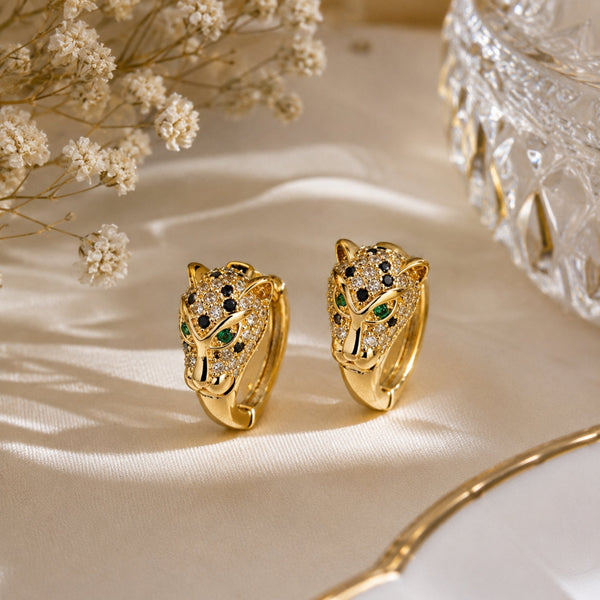 Detailed leopard panther head stone gold huggie hoop earrings with green eyes – anti-tarnish Korean jewellery by Sajna Sawarnaa
