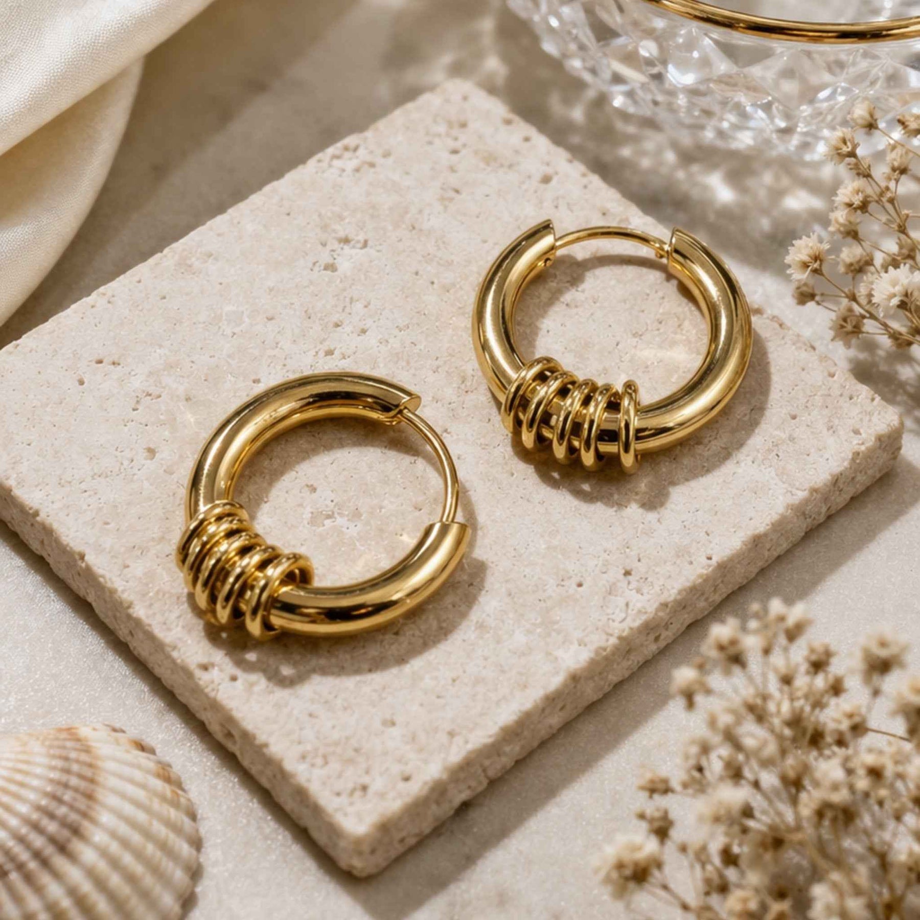 Coil Wrap Gold Huggie Hoop Earrings – Wire Ring Detail Round Hoops | Anti-Tarnish Korean Jewellery | Sajna Sawarnaa