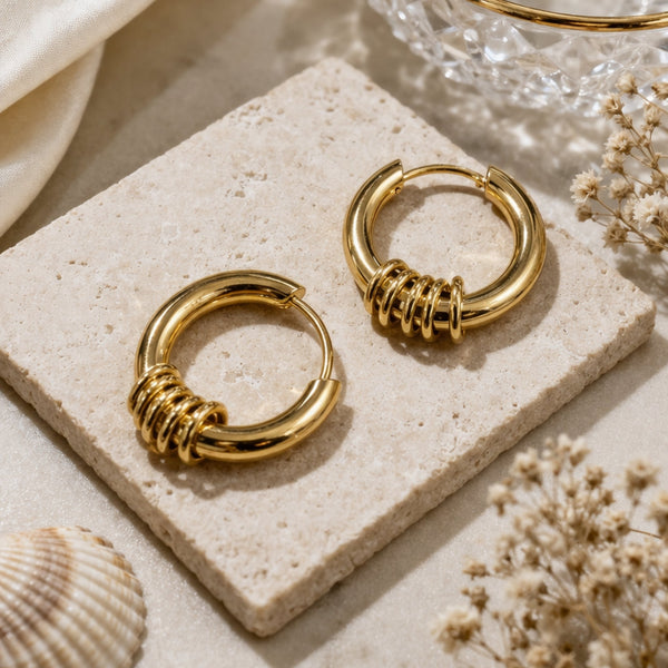 Coil Wrap Gold Huggie Hoop Earrings – Wire Ring Detail Round Hoops | Anti-Tarnish Korean Jewellery | Sajna Sawarnaa