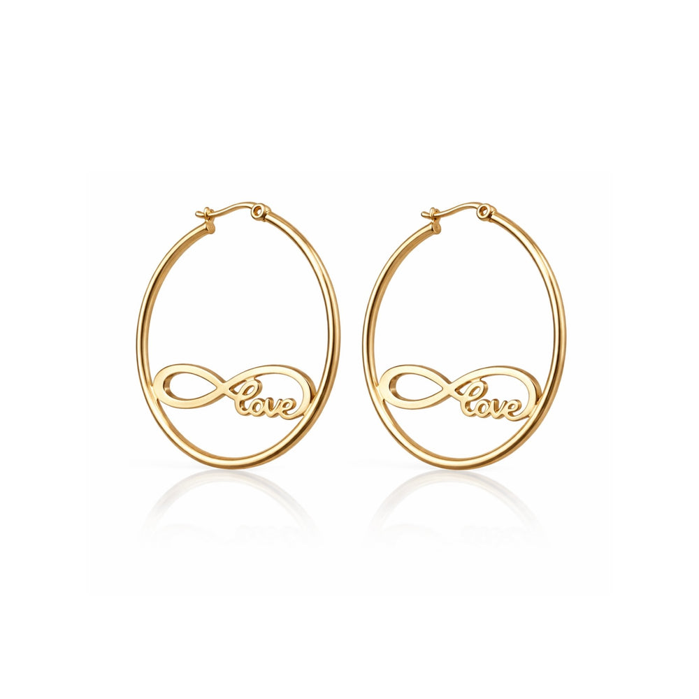Large oval gold hoop earrings with infinity love script cutout – anti-tarnish Korean jewellery by Sajna Sawarnaa
