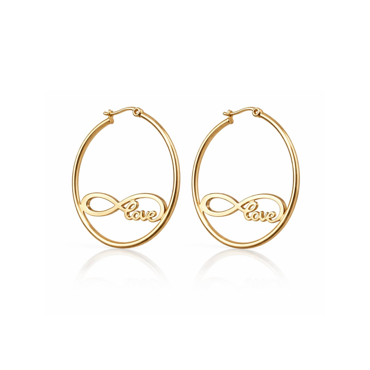 Large oval gold hoop earrings with infinity love script cutout – anti-tarnish Korean jewellery by Sajna Sawarnaa
