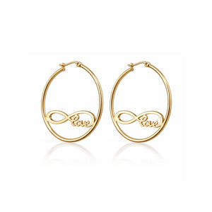 Large oval gold hoop earrings with infinity love script cutout – anti-tarnish Korean jewellery by Sajna Sawarnaa
