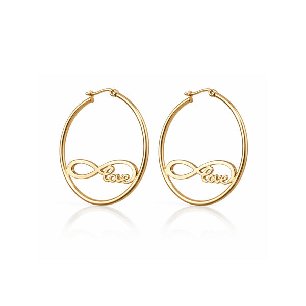 Large oval gold hoop earrings with infinity love script cutout – anti-tarnish Korean jewellery by Sajna Sawarnaa
