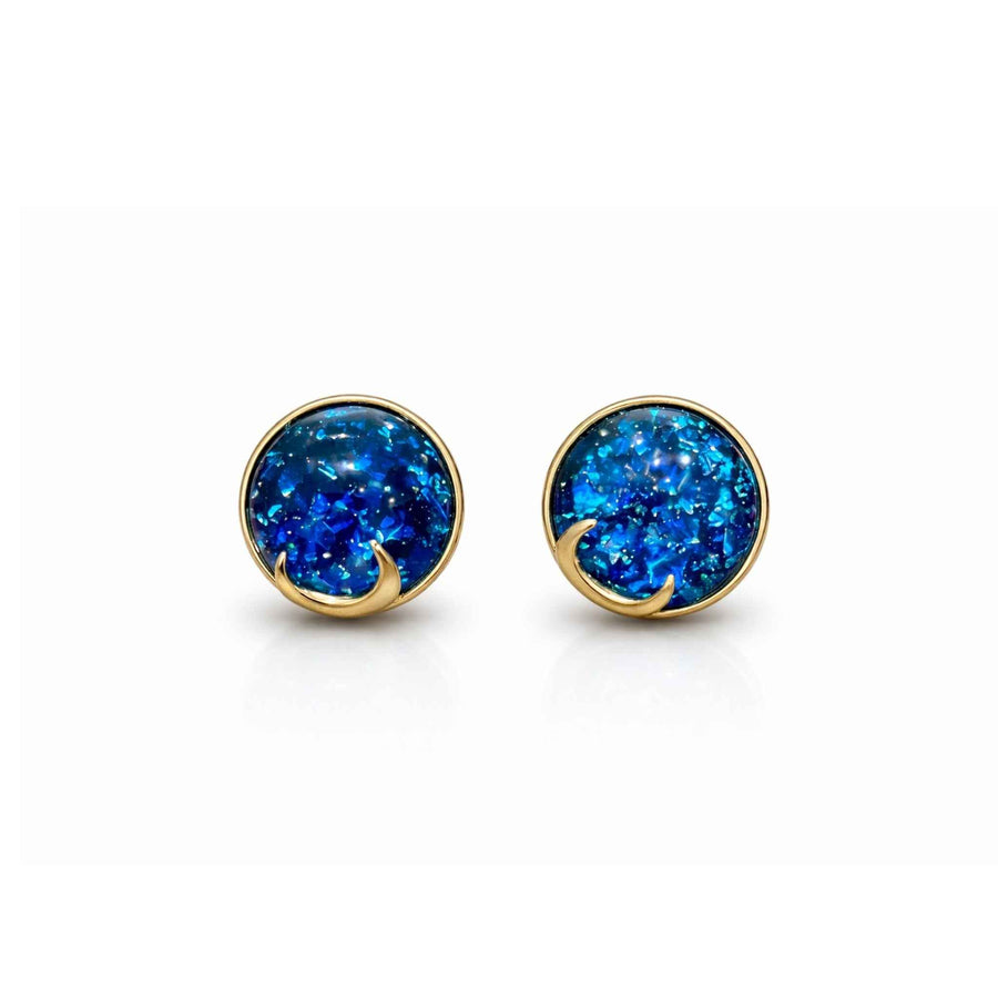 Celestial Blue Opal Earrings - Moon Studs | Korean Minimal Luxury Jewelry by Sajna Sawarnaa