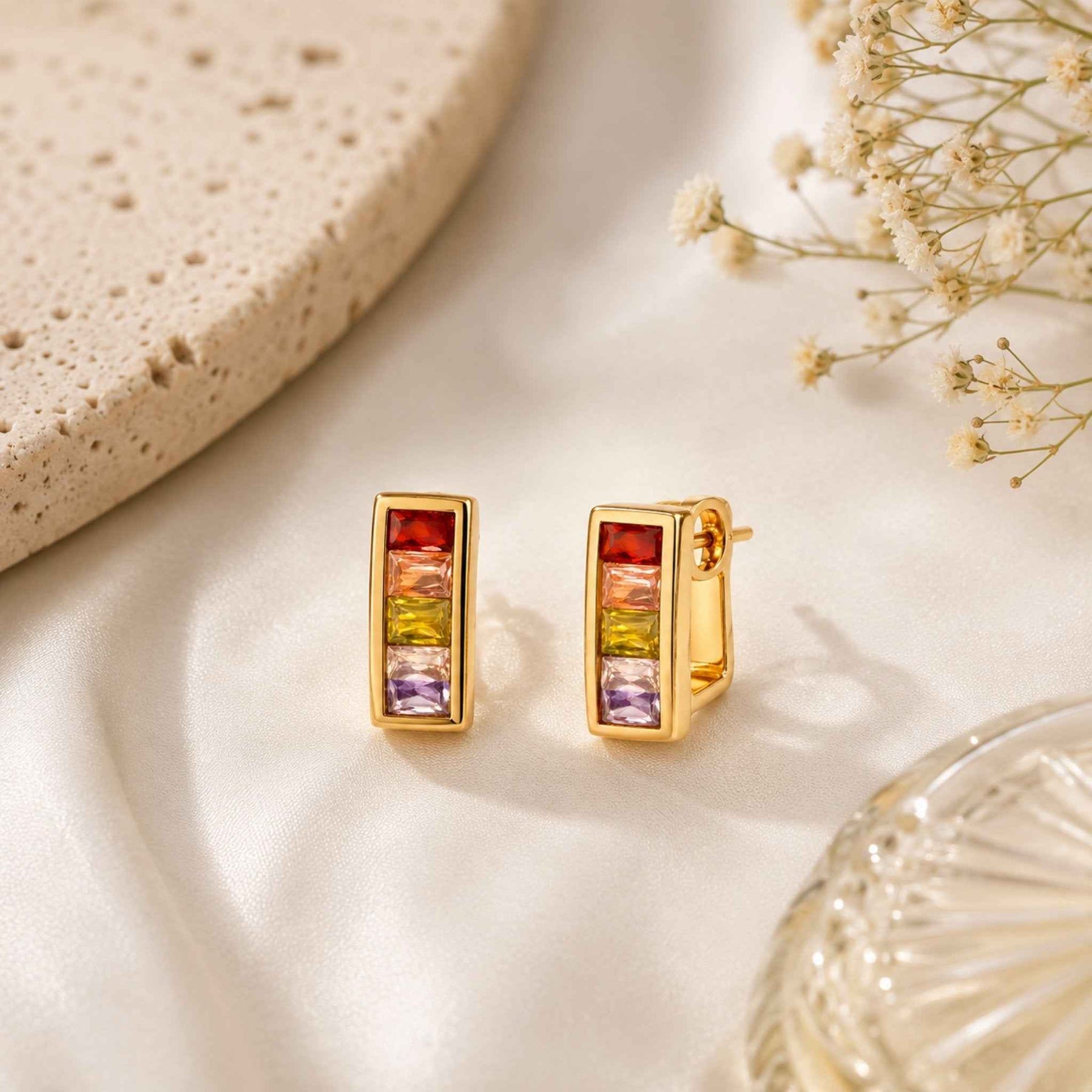 Aurora Prism Rainbow Crystal Huggie Earrings | Luxury Korean Jewelry | Sajna Sawarnaa
