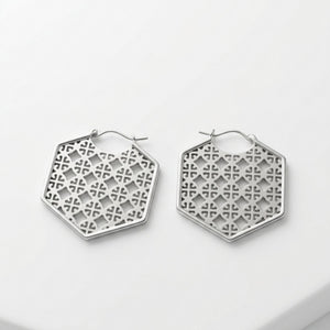 Large hexagon filigree clover lattice cutwork hoop earrings silver and gold – anti-tarnish Korean jewellery by Sajna Sawarnaa
