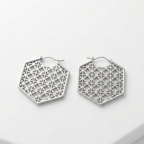 Large hexagon filigree clover lattice cutwork hoop earrings silver and gold – anti-tarnish Korean jewellery by Sajna Sawarnaa
