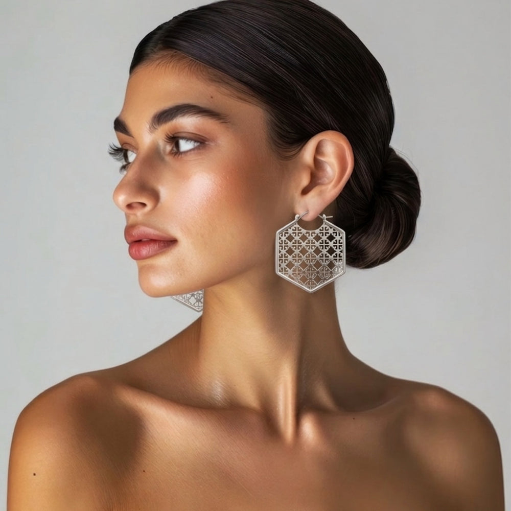Large hexagon filigree clover lattice cutwork hoop earrings silver and gold – anti-tarnish Korean jewellery by Sajna Sawarnaa
