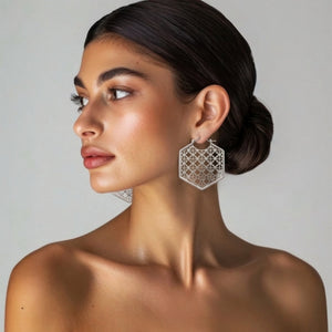 Large hexagon filigree clover lattice cutwork hoop earrings silver and gold – anti-tarnish Korean jewellery by Sajna Sawarnaa
