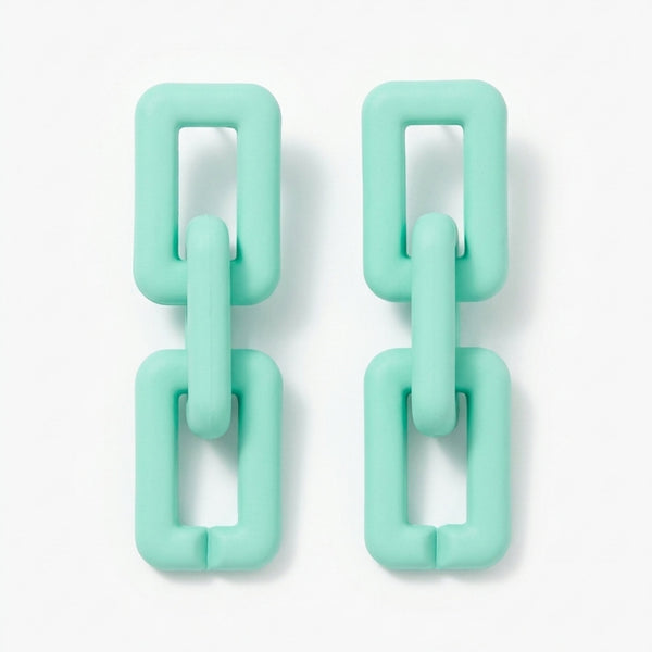 Pastel mint green geometric chain-link statement earrings with modern Korean-inspired minimal aesthetic jewelry design